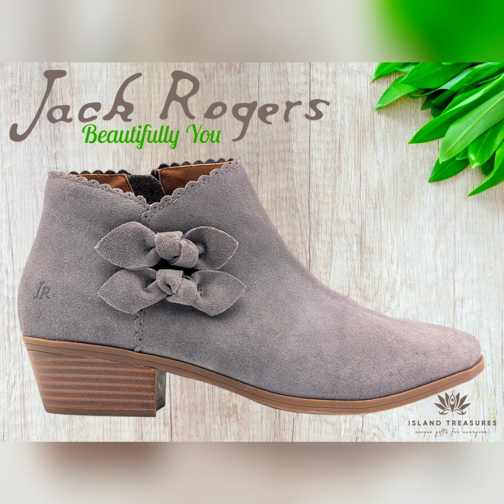 Jack Rogers Kali Grey Suede Ankle Bootie Sz US 7.5M/EU 38 Scalloped Trim withBow